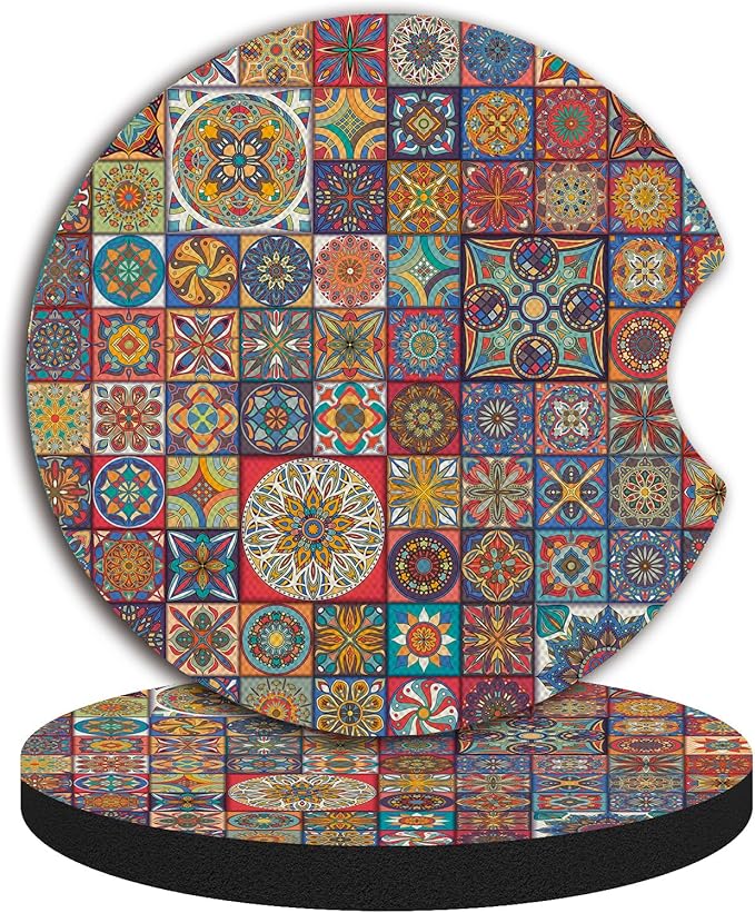 Car Coasters, Boho Absorbent Car Cup Holder Coasters, 2.75inch, Mandala Style for Women Men, 2 Pack Absorbent Universal Neoprene Car Coasters with Finger Slot