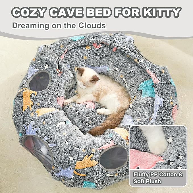 JIUPETY Cat Tunnel Bed with Soft Plush Mat, Collapsible Tube Playground, Cat Cave Bed Tunnel for Indoor Cats, Kitten, Rabbit, Ferret, Fluffy Plush Material, Includes Dangling Balls, Cave Grey B