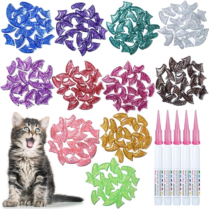100 pcs Cat Nail Caps | Cat Claw Covers with Adhesives and Applicators | 5X Different Glitter Colors (S)