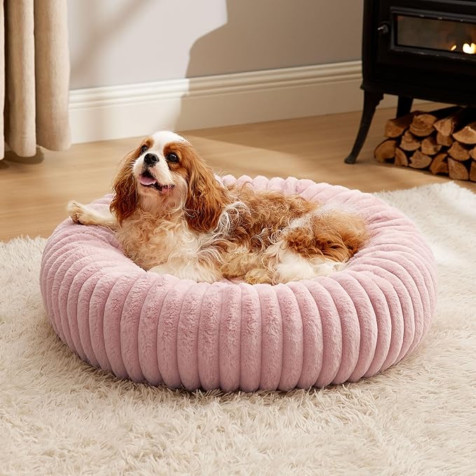 Bedsure Donut Medium Dog Bed - Washable Faux Fur Dog Bed Medium Size Dog with Corduroy Fleece & Anti Slip Bottom, Round Pet Beds with Removable Cover, Blush Pink, 30x30x8 inches