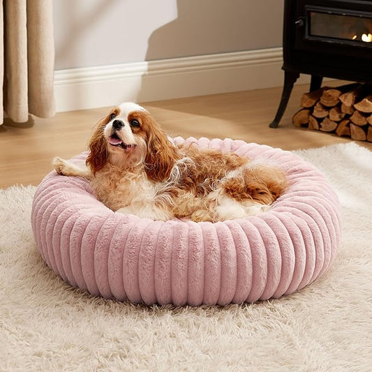 Bedsure Donut Medium Dog Bed - Washable Faux Fur Dog Bed Medium Size Dog with Corduroy Fleece & Anti Slip Bottom, Round Pet Beds with Removable Cover, Blush Pink, 30x30x8 inches