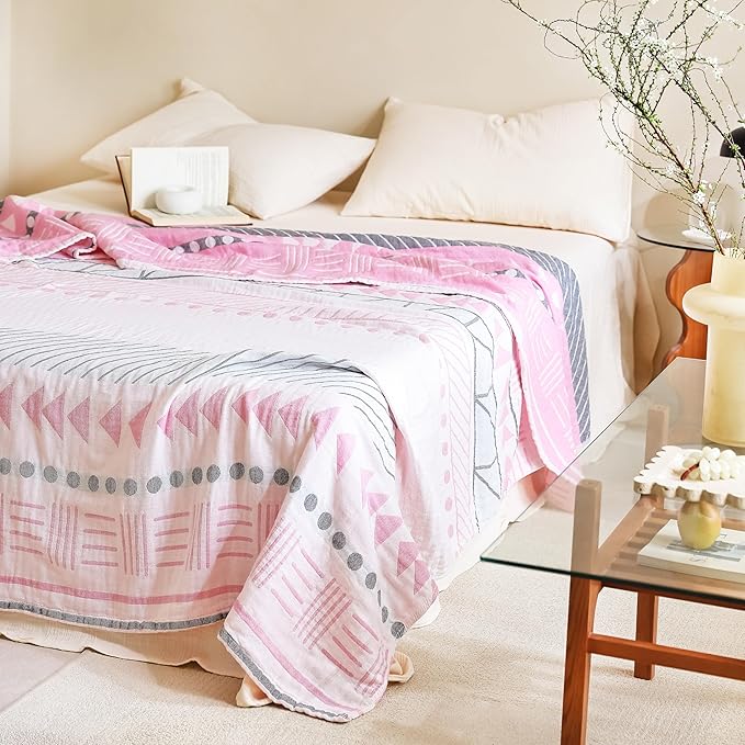 MEJU Pink Boho Geometric Morden Southwest Muslin All Season Blanket for Bed Sofa Couch 100% Combed Cotton 3 Layer Soft Cozy Quilt Throw Blanket Bed Coverlet Sheet Full Queen 80 in x 90 in