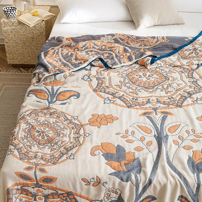 MEJU Round Flower Branch Boho Mandala Muslin All Season Throw Blanket for Bed Sofa Couch, 100% Combed Cotton 4 Layer Soft Warm Farmhouse Retro Throw Blanket Bed Coverlet Twin 60 in x 80 in
