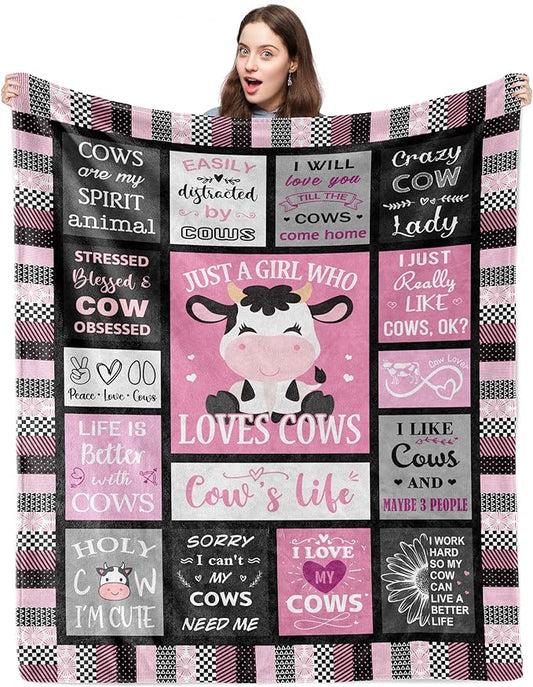 Pink Cow Print Throw Blanket, 60"x80", Cow Lovers Gift, Flannel, Modern Cow Print, Unisex Adults