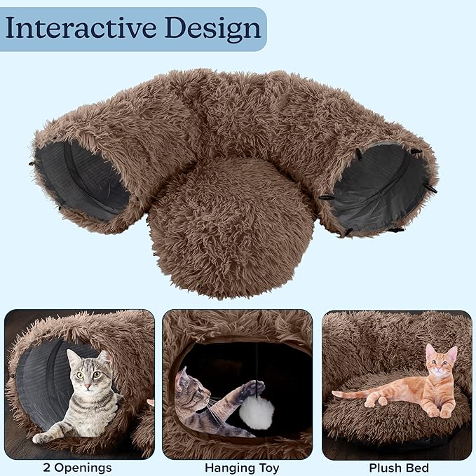 Cat Tunnel with Cat Bed for Indoor Cats - 3FT Multifunctional Cat Tunnel Bed with Cat Toys - Soft, Plush Peekaboo Cat Cave for Kittens, Cats, Ferrets, and Rabbits - Cat Products by PETMAKER (Brown)