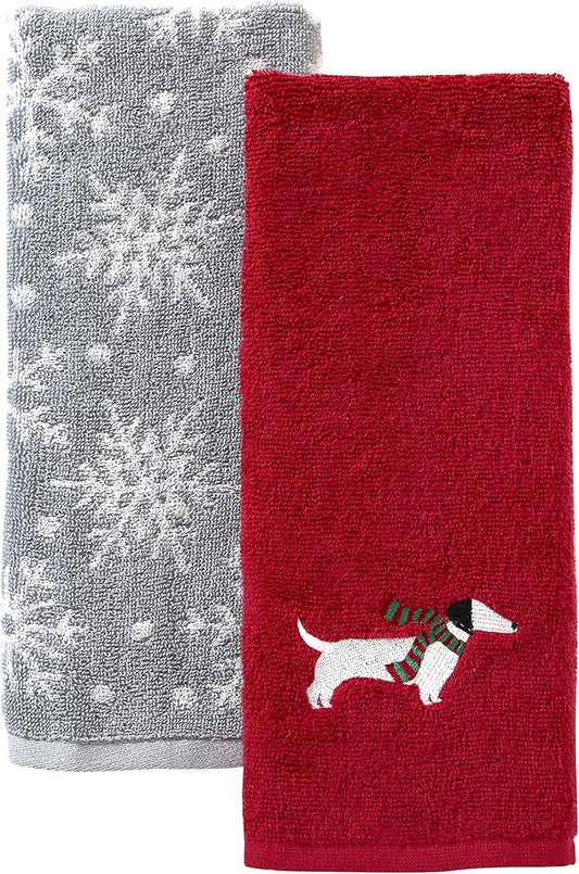 SKL Home Christmas/Winter Snow Many Dachshunds Hand Towel 2pc Set for Bath/Kitchen/Bar & Gift, Red/Gray