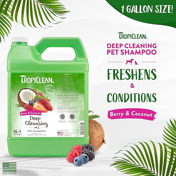 TropiClean Deodorizing Cat & Dog Shampoo for Smelly Pets, Puppy & Kitten Safe, Long Lasting Odor Control, Berry Scent, Made in the USA, 1 gallon