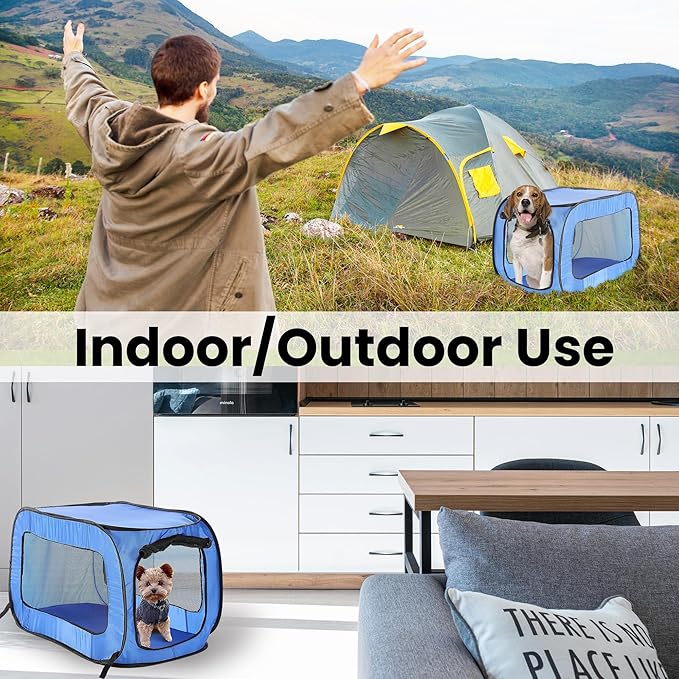 Beatrice Home Fashions Portable, Collapsible, Pop Up Kennel Travel Cat and Dog Crate, 24" L x 16.6" W x 16" H, Blue