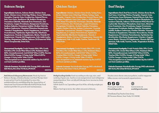 Made by Nacho Wet Cat Food Variety 12 Pack (3oz Each), Cage-Free Chicken, Sustainably Caught Salmon, Grass-Fed Beef with Bone Broth for Extra Hydration, Gravy Cut Pouches
