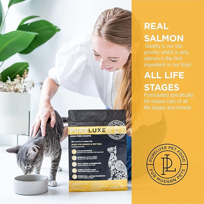 PURELUXE Grain and Gluten Free Indoor Cat Food, Elite Nutrition, Salmon and Split Peas, for All Life Stages and Breeds, Made in The USA, 11lbs