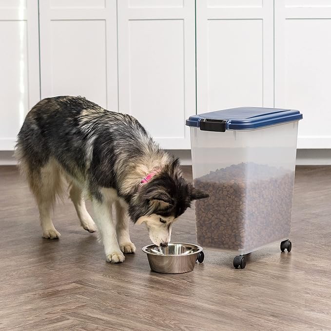 IRIS USA Airtight Dog Food Storage Container, Up to 40 lbs, Attachable Wheels, For Dog Cat Bird and Other Pet Food Storage Bin, Keep Fresh, Translucent Body, Easy Mobility, Navy