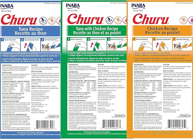 INABA Churu Lickable Creamy Purée Cat Treats 3 Flavor Tuna and Chicken Variety Pack, 4 Count Pack of 18 (72 Tubes Total)