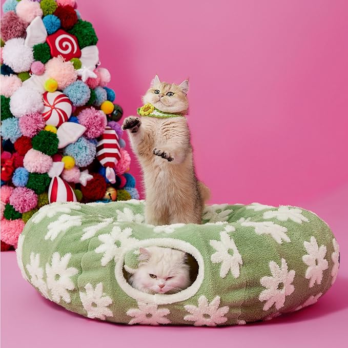 Lesure Cat Tunnel Bed for Indoor Cats - Cute Cat Donut Tunnel with Washable Circle Cushion, Round Pet Play Tunnel Toy for Kitten/Puppy/Rabbit,Green