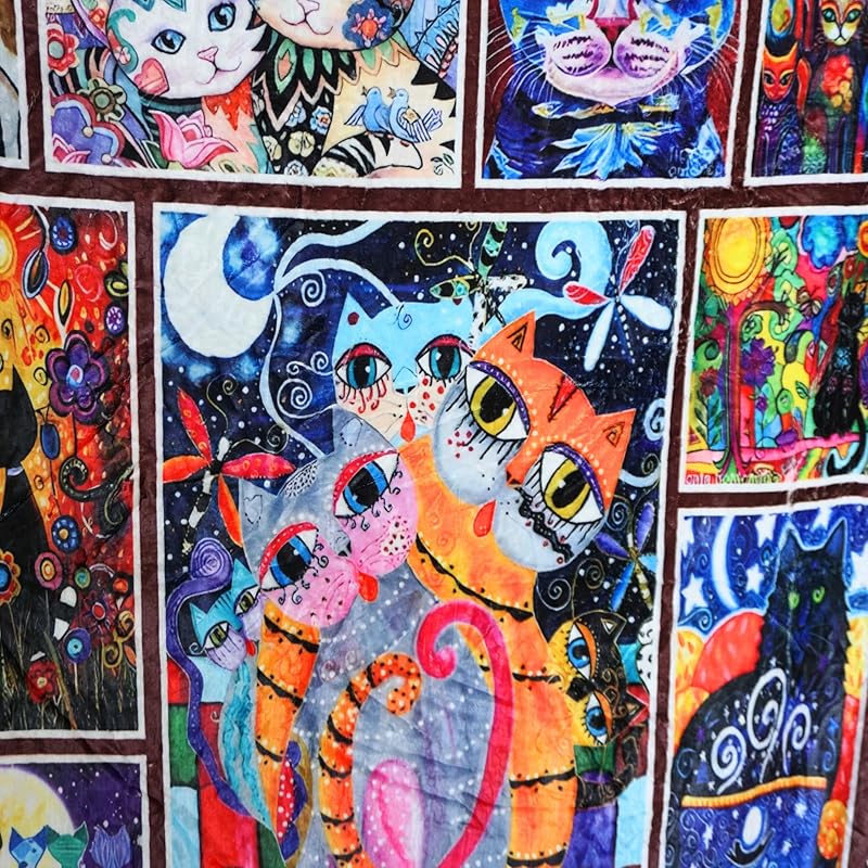 Throw Blanket - Colorful Cat Design Boho Blanket, Ultra Soft Rustic Quilt For Sofa, Couch, Bed, Bath Towels - Lightweight Bohemian Blankets - Cute Decorative Throw Coverlet (59x87 inch)