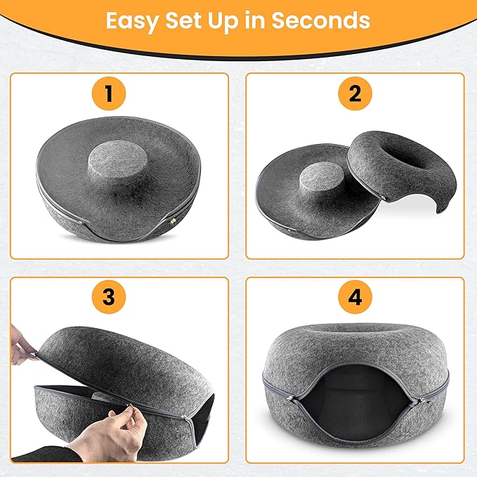 Cat Tunnel Bed – Large Cat Donut Tunnel with 12-Pcs Cat Toy Set – Soft Felt Cat Caves for Indoor Cats with Upgraded Zipper – Scratch-Resistant Cat Cave Bed – Comfortable Peekaboo Cat Cave