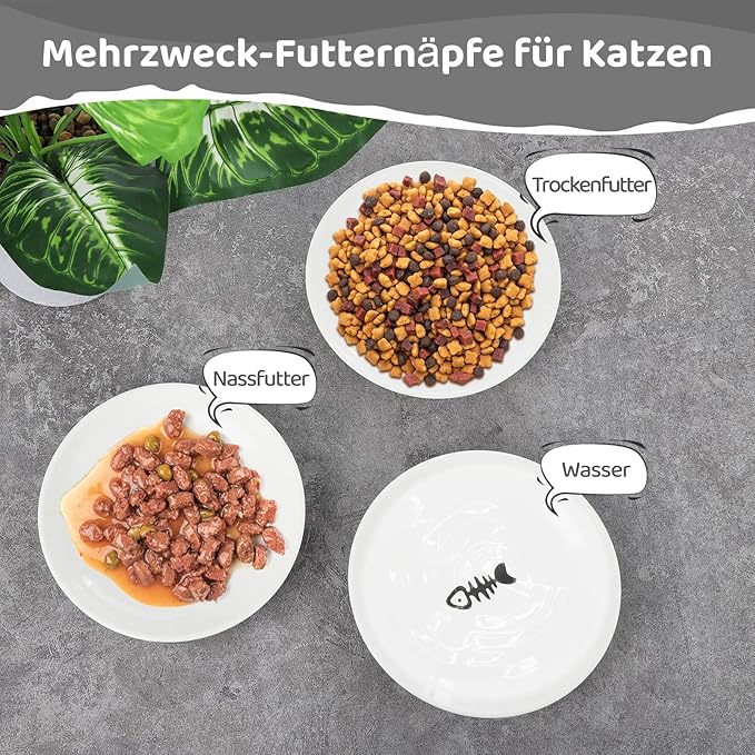 Dorakitten Ceramic Cat Bowls 3 Pack, No Whisker Fatigue Wide Shallow Cat Dishes with Non-Slip Silicone Bottom, Pet Food & Water Plates, 15cm Diameter