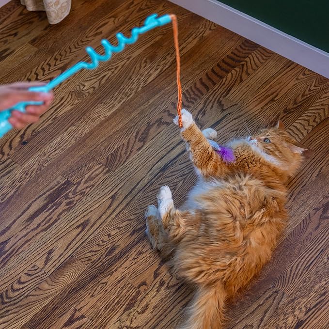 Catstages Cat-apult Spring Wand Durable and Interactive Cat Teaser Wand with Flinger Clip and Two Cat Toys, Catnip Toy and Pom Pom Ball, Blue