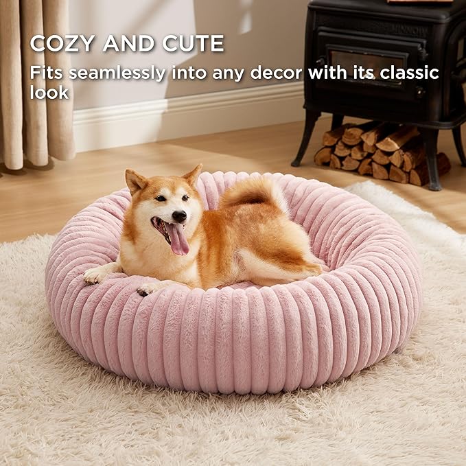 Bedsure Donut Large Dog Bed - Washable Faux Fur Dog Beds Large Sized Dog with Corduroy Fleece & Anti Slip Bottom, Round Pet Beds with Removable Cover, Blush Pink, 36x36x10 inches