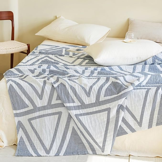 MEJU Triangle Geometry Blue Modern Checks Fashion Stripe All Season Blanket for Bed Sofa Couch 100% Cotton 3 Layer Soft Warm Reversible Bedspread Throw Blanket Bed Coverlet Sheet Twin 60 in x 80 in