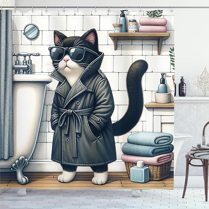 Ambesonne Cat Shower Curtain, Mysterious Detective Kitty Character in Bathroom with Sunglasses Classic Coat, Cloth Fabric Bathroom Decor Set with Hooks, 69" W x 75" L, Charcoal Grey White