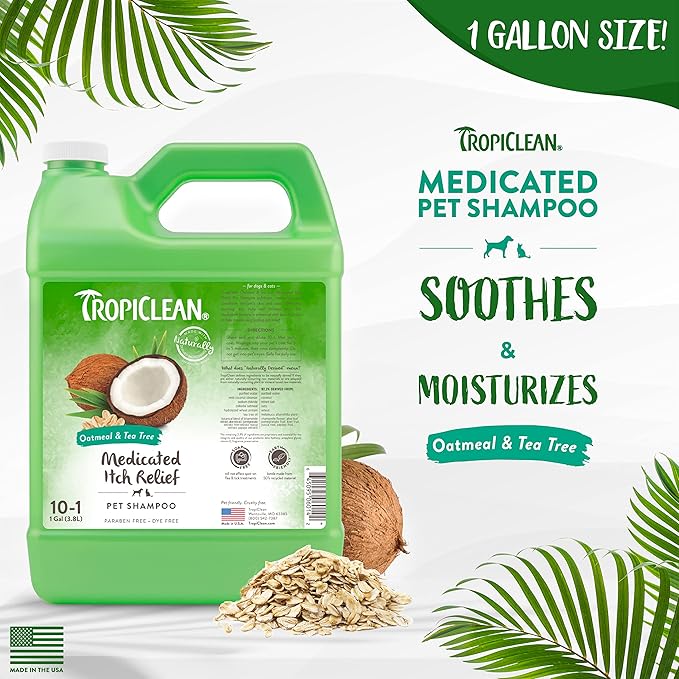 TropiClean Oatmeal Cat & Dog Shampoo for Itchy Skin Relief, Puppy & Kitten Safe, Medicated Tea Tree Oil for Itchy Skin Relief, Made in USA, 1 gallon