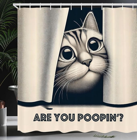 Ambesonne Cat Shower Curtain, are You Poopin' Curious Kitty Retro Effect Funny Whimsical Humorous Joke Concept, Cloth Fabric Bathroom Decor Set with Hooks, 69" W x 84" L, Dark Blue Ivory