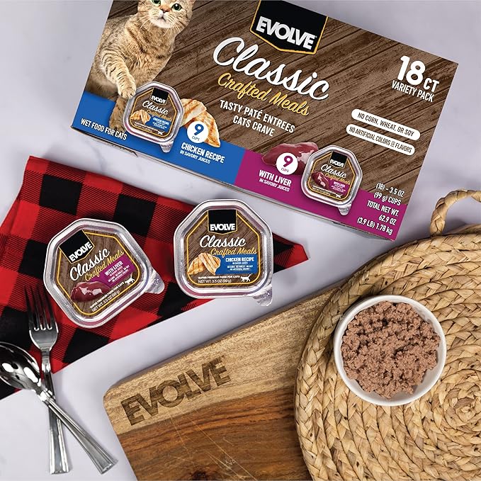 Evolve Classic Crafted Meals Cat Food Variety Pack - Chicken Recipe & Liver Recipe 3oz (Pack of 18)