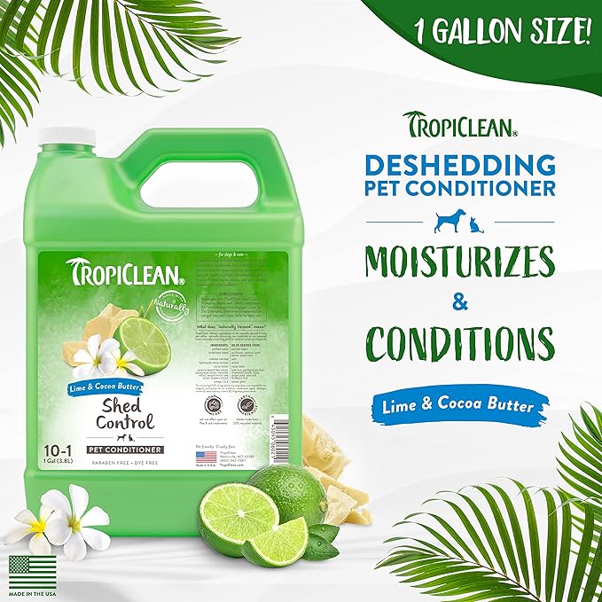 TropiClean Deshedding Cat & Dog Conditioner, Puppy & Kitten Safe, Reduces & Softens Coat, Lime & Coconut Scent, Made in The USA, 1 Gallon