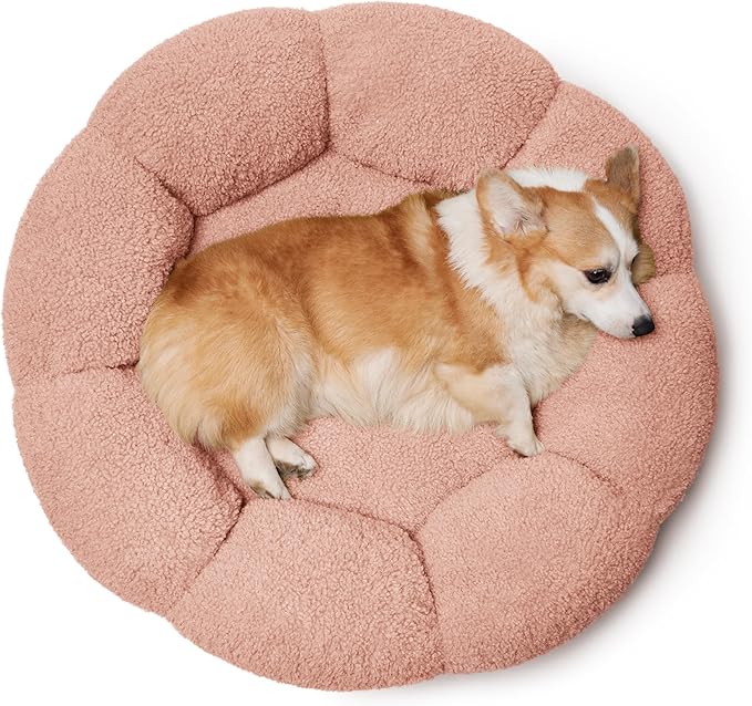 Lesure Calming Large Dog Bed - Flower Donut Round Fluffy Puppy Bed in Plush Teddy Sherpa, Non-Slip Cute Flower Dog Beds, Large Pet Bed Fits up to 100 lbs, Machine Washable, Pink 36"
