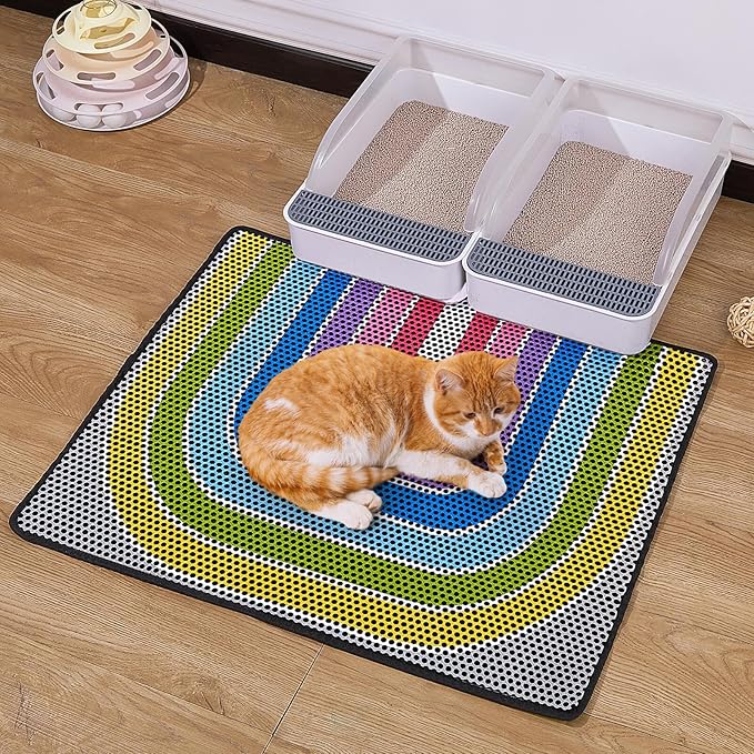Bienbee Cat Litter Mat, 30"x24" Cat Litter Trapping Mat, Double Layer Litter Mat with Non-Slip Rubber Bottom, Urine and Water Proof, Keeps Floors Clean Rainbow L