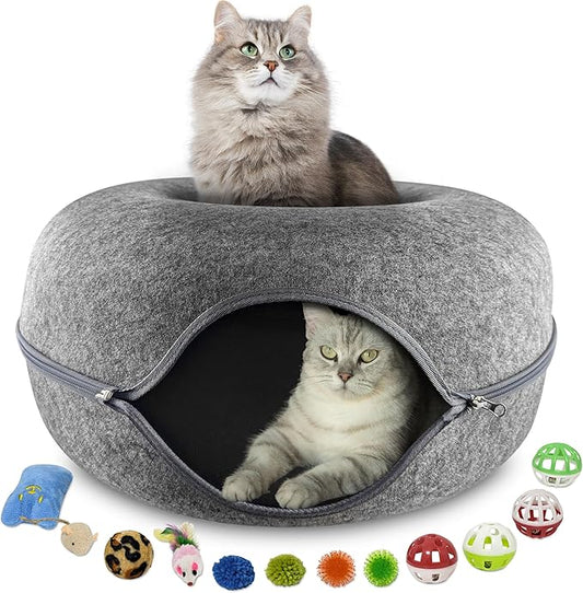 Cat Tunnel Bed – Large Cat Donut Tunnel with 12-Pcs Cat Toy Set – Soft Felt Cat Caves for Indoor Cats with Upgraded Zipper – Scratch-Resistant Cat Cave Bed – Comfortable Peekaboo Cat Cave