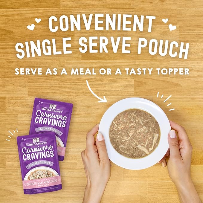 Stella & Chewy’s Carnivore Cravings Savory Shreds Wet Cat Food Pouches – Grain Free, Protein Rich Meal, Topper or Treat – Chicken & Salmon Recipe (2.8 Ounce Pouches, Case of 12)