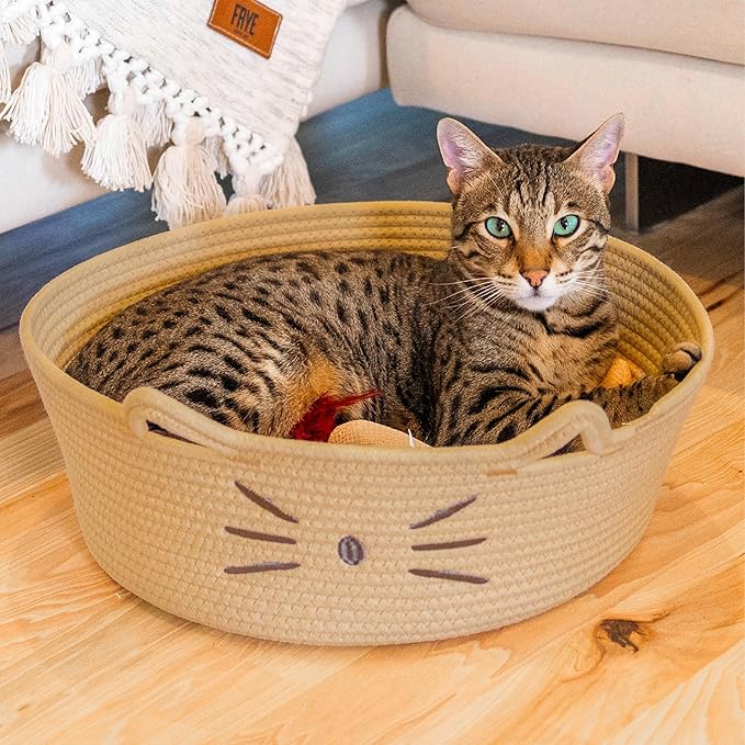 Catstages Bed & Basket Retreat 2-in-1 Cat Bed with Removable Cushion, Plush, Cotton Rope, Tan