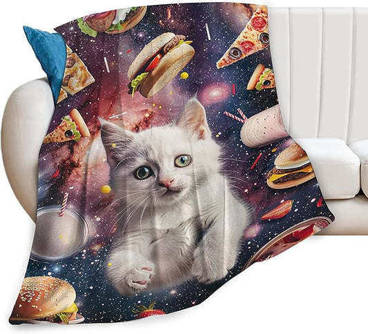 Funny Cats Blanket for Women Hamburgers Pizza Throw Blanket Cats Space Galaxy Stuff Decor Merch Cozy Flannel Lightweight Warm Soft Plush Fuzzy Bedding Cats Gifts for Men Girls Couch Bed 50"X40"