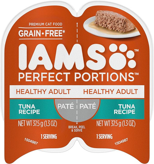 IAMS Perfect Portions Healthy Adult Grain Free Wet Cat Food Paté, Tuna Recipe, 2.6 oz. Easy Peel Twin-Pack Trays (24 Count, 48 Servings)