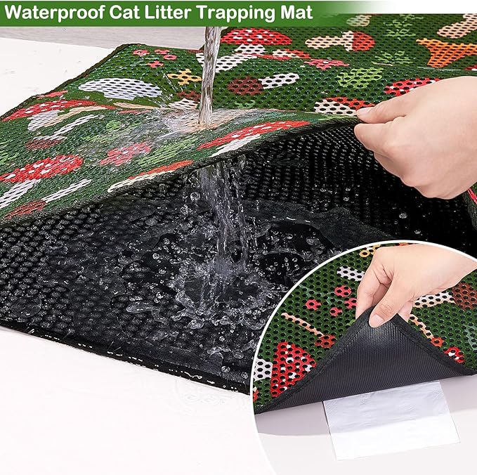 Bienbee Cat Litter Mat, 30"x24" Litter Mat Double Layer Litter Trapping Mat, Reduces Tracking and Keeps Floors Clean,Jungle Mushroom L