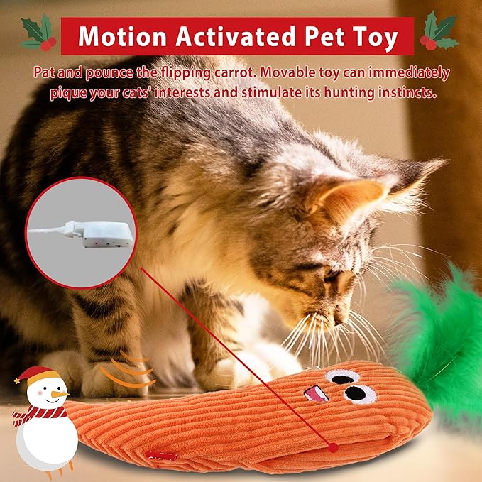 Gigwi Cat Toys Flapping Carrot with Catnip, Moving Activated Cat Kicker and Chew Toy, Automatic Motion Kitten Toys, Flappy Wiggle for Cat Exercise, Interactive Cat Toys with USB Rechargeable