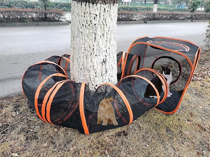 Portable Cat Small Animals Playpen DIY Outdoor Enclosures Freely Combinable 2in1 4in1 6in1 Pop Up Pet Play Tent Tunnel Cube House for Cat Puppy Rabbit (4in1 Cube Tunnel)