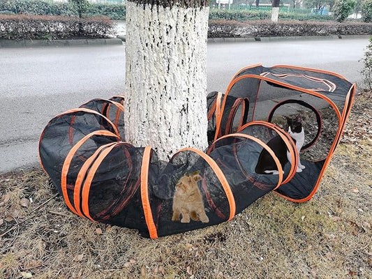 Portable Cat Small Animals Playpen DIY Outdoor Enclosures Freely Combinable 2in1 4in1 6in1 Pop Up Pet Play Tent Tunnel Cube House for Cat Puppy Rabbit (4in1 Cube Tunnel)