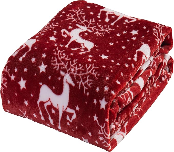 Elegant Comfort Velvet Touch Ultra Plush Christmas Holiday Printed Fleece Throw/Blanket - 50 inches x 60 inches, (Reindeer Stars)