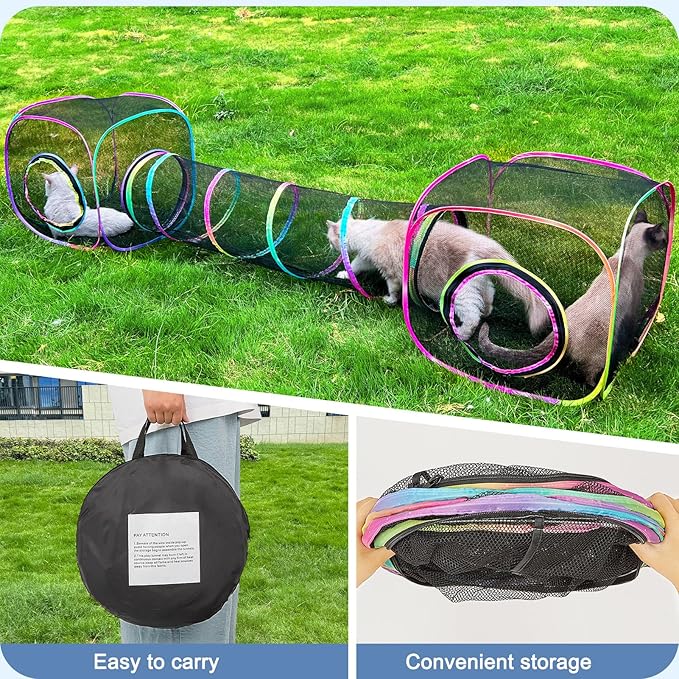 Outdoor Cat Enclosures Portable Cat Tunnel with Carry Bag Breathable Cat Tent Outdoor with 2 Mouse Toys Outside Cat Enclosure for Indoor Cats (2 Cubes + Run Tunnel)