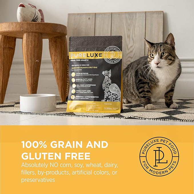 PURELUXE Grain and Gluten Free Indoor Cat Food, Elite Nutrition, Salmon and Split Peas, for All Life Stages and Breeds, Made in The USA, 11lbs