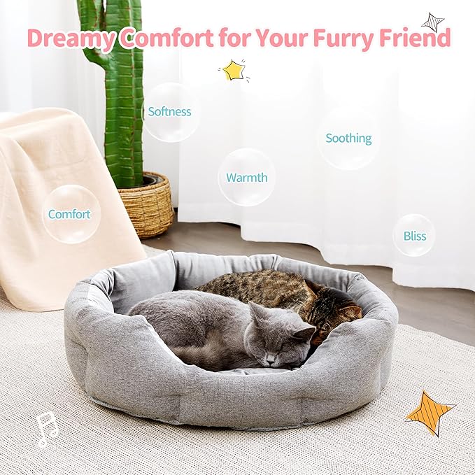 Made4Pets Cat Beds for Indoor Cats - Dog Beds for Small Dogs, Round Pet Bed for Puppy and Kitten, Washable Dog Bed with Anti-Slip Bottom, Removable Dual-Fabric Cushion for All Season, Grey
