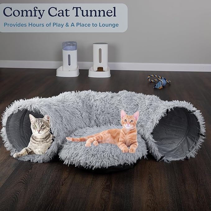 Cat Tunnel with Cat Bed for Indoor Cats - 3FT Multifunctional Cat Tunnel Bed with Cat Toys - Soft, Plush Peekaboo Cat Cave for Kittens, Cats, Ferrets, and Rabbits - Cat Products by PETMAKER (Gray)