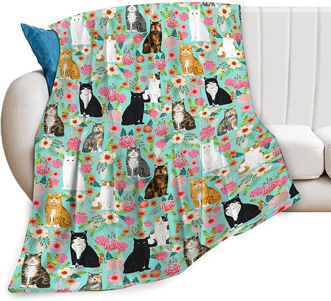 Cat Blanket Gifts for Girls Women Cute Cats Flowers Flannel Fleece Throw Blanket Soft Plush Lightweight Warm Fuzzy Teal Blanket for Cat Lovers Decor Bed Couch Living Room for Kids 60"X80"