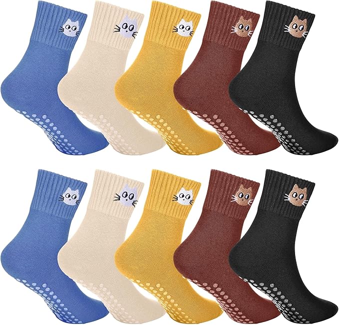 10 Pairs Grip Crew Yoga Socks for Women Non Slip Ankle Length Cotton Elastic Sock Cute Cat Embroidery Pattern Aesthetic Gifts for Women Pilates Dance Ballet Workout Sport