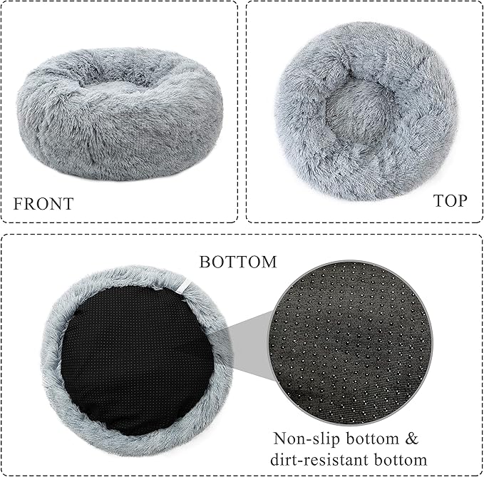 Calming Donut Dog Bed XL, Plush Round Cuddler Dog & Cat Bed, Anit-Anxiety Marshmellow Fluffy Faux Fur Cushion(32", Grey)