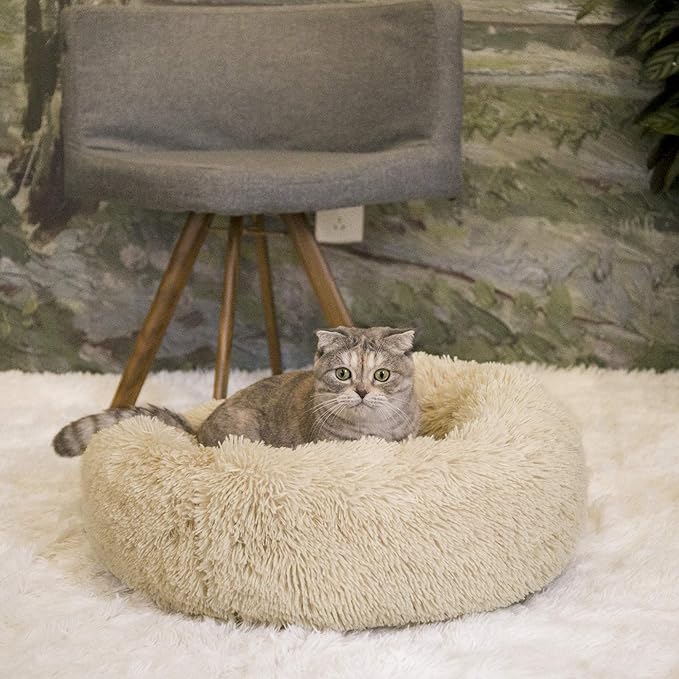 Calming Cat Beds for Indoor Cats, Anti Anxiety Round Fluffy Plush Faux Fur Cat Bed, Washable 23 inches Small Dog Bed & Cat Bed