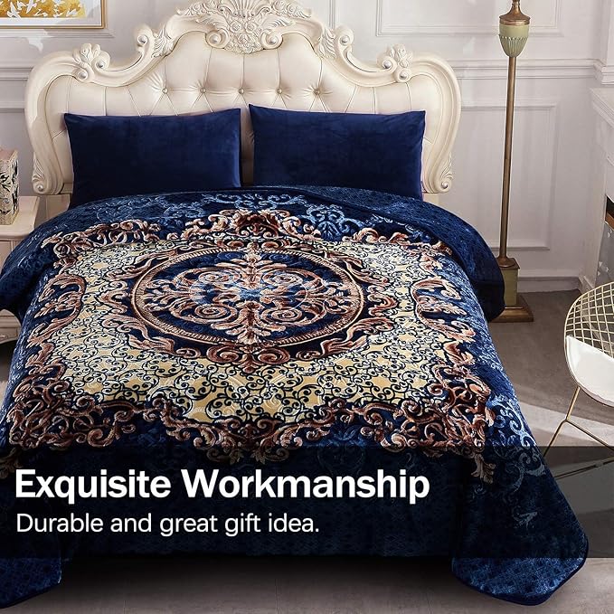 JML Fleece Blanket King Size, Heavy Korean Mink, 85 X 95 Inches, 9 Lbs, Soft and Warm, Thick Raschel Printed Mink Blanket for Autumn, Winter, Bed, Home, Gifts, Royal Blue Flower