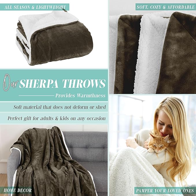 Elegant Comfort Reversible and Ultra-Plush Flannel Fleece Sherpa Throw- Lightweight Soft and Cozy- All Season Decorative Throw, Perfect for Lounging, 50 x 60 inches, Chocolate Brown